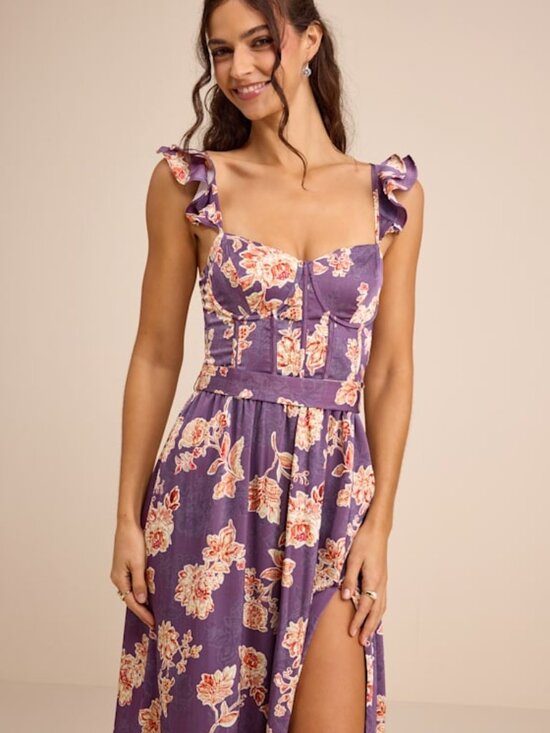 Lulus Dresses & Skirts - Lulus Sweet Like Sangria Purple Floral Ruffled Bustier Midi Dress - Size XS